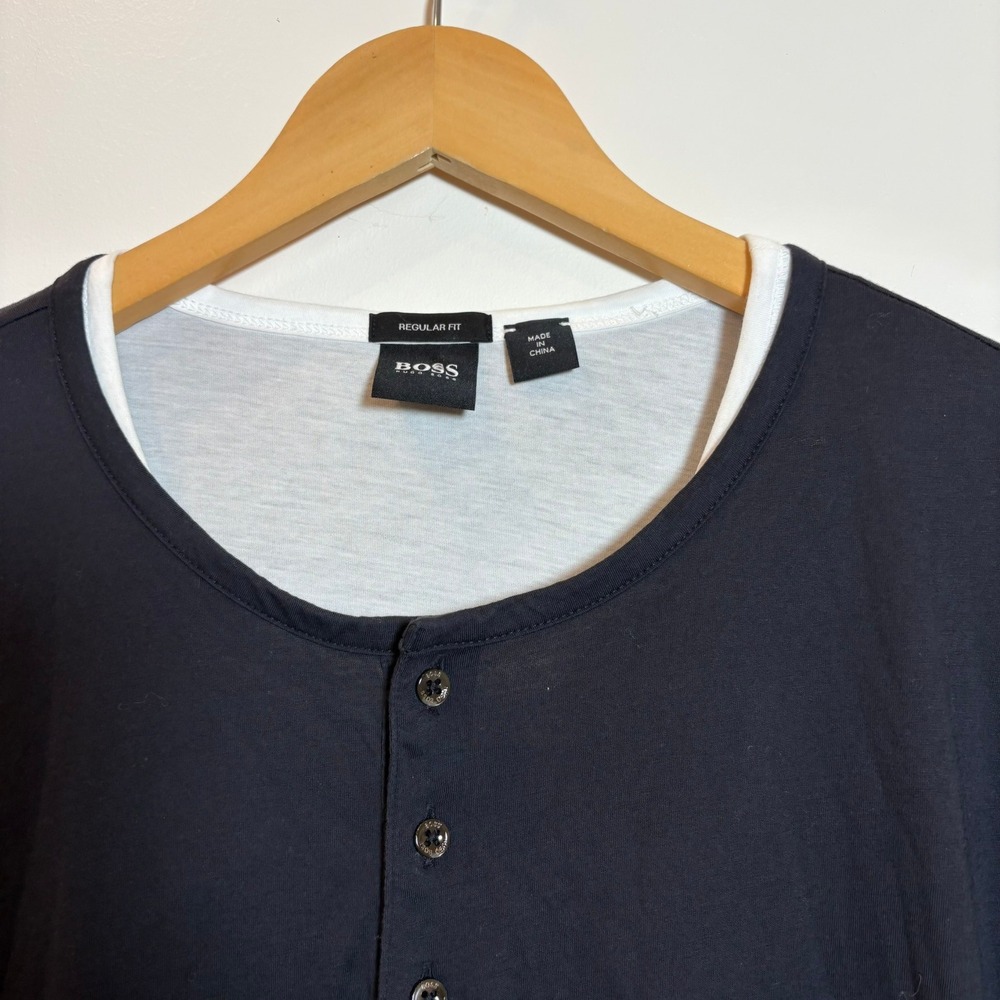 Hugo Boss Mens XXL Navy Blue Long Sleeve Henley Shirt Regular Fit Contrast Layer